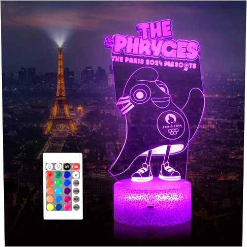 CRIOO Phryges 3D LED Night Light, Optical Illusion Lamp, 7 Colors Change with Remote Control+Timer, Olympic Gifts for Fans Women Men Kids Paris 2024 Olympic Games Present (Phryge-1)