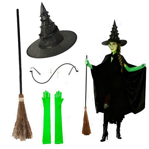 YEPDEEK 4 Pcs Halloween Witch Costume Set, Cosplay Kit with Witch Hat, Green Gloves, Broom & Glasses – Wicked Party Costume for Women Lady