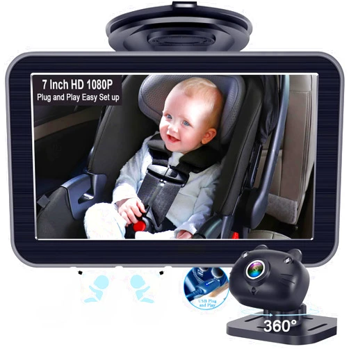 DoHonest Baby Car Camera 7-Inch: USB Plug and Play Easy Setup 360 Degree Rotating Backseat Camera Two Kids HD 1080P Rear Facing Car Seat Cameras Clear Night Vision -V9