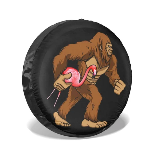 Rsskeoo Bigfoot Carrying Lawn Flamingo Funny Sasquatch Spare Tire Cover, Potable Polyester Universal Wheel Protectors Waterproof Dust-Proof UV Sun Wheel Tire Cover Fit for SUV, RV, Travel Trailer, Truck