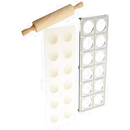 Norpro 3 Piece Ravioli Maker and Press Set with Rolling Pin, Large, White and silver