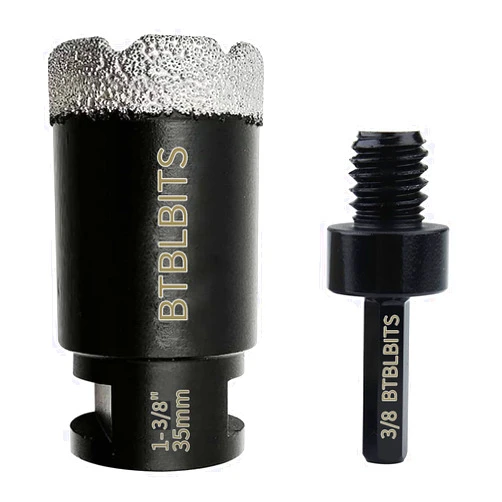 BTBLBITS Dry Diamond Core Drill Bit 1-3/8 Inch (35mm) Tile Diamond Hole Saw for Angle Grinder Porcelain Ceramic Marble Brick Granite Vacuum Brazed with 5/8-11 Thread Plus 3/8 Inch Hex Shank Adapter