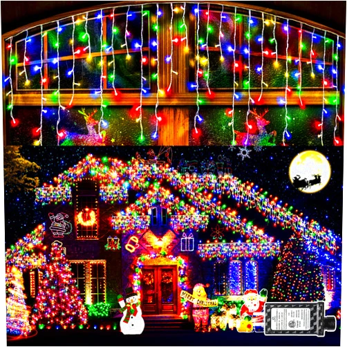 KNONEW Christmas Lights Outdoor Decorations 400 LED 43ft 8 Modes Curtain Fairy String Light with 75 Drops, Clear Wire LED String Light Decor for Wedding Party Christmas Decoration(Multicolor)