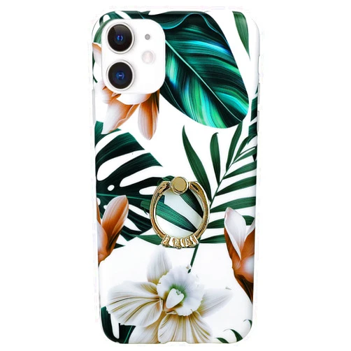 Qokey Compatible with iPhone 11 Case,Floral Case Cute Clear for Men Women Girls with 360 Degree Rotating Ring Kickstand Soft TPU Shockproof Cover Designed for iPhone 11 6.1 Inch Leaf White Flower