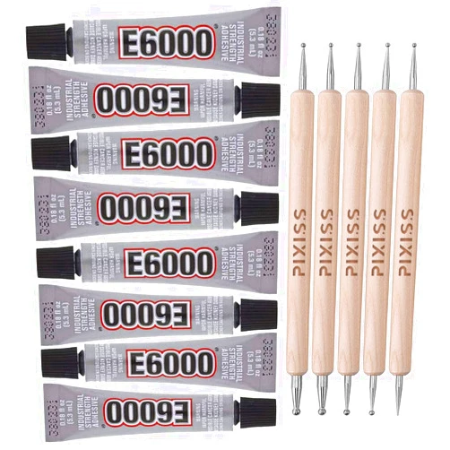 MEFELE Cln E6000 8-Pack 0.18 Ounce Bottles Industrial Strength Adhesive for Crafting and Pixiss Wooden Art Dotting Stylus Pens 5 pcs Set - Rhinestone Applicator Application Kit