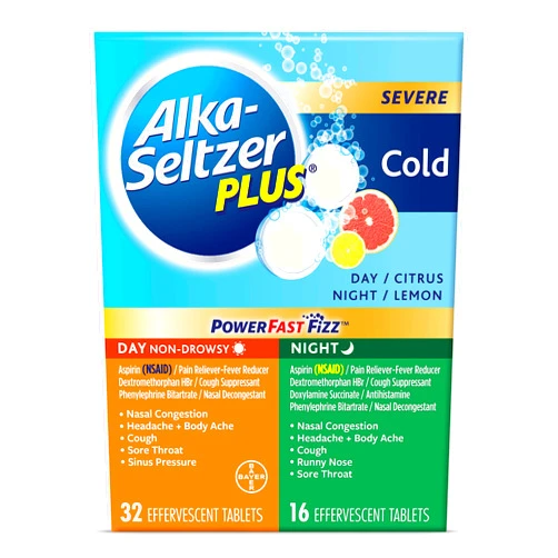 Alka-Seltzer Plus Severe, Cold Day Night Medicine for Adults, PowerFast Fizz Effervescent Tablets, Fast Relief of Nasal Congestion, Sinus Pressure, Runny Nose, Cough, Sore Throat & Fever, 48ct