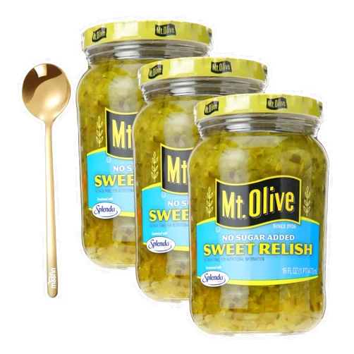 Moofin Mt Olive Sweet Relish - No Sugar Added For Delicious And Healthy Dishes, Condiment Ideal For Burgers, Hot Dogs, And Salads Relish Sweet 16 Oz Jar - Bundle With Golden Ss Spoon [3 Pack]