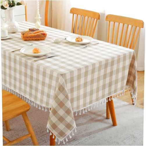 JIALE Checkered Table Cloth Square Cotton Linen Fabric Gingham Tablecloth with Tassel Washable Wrinkle Free Buffalo Plaid Table Cover for Spring Picnic Kitchen Dining, Beige and White, 55X55''
