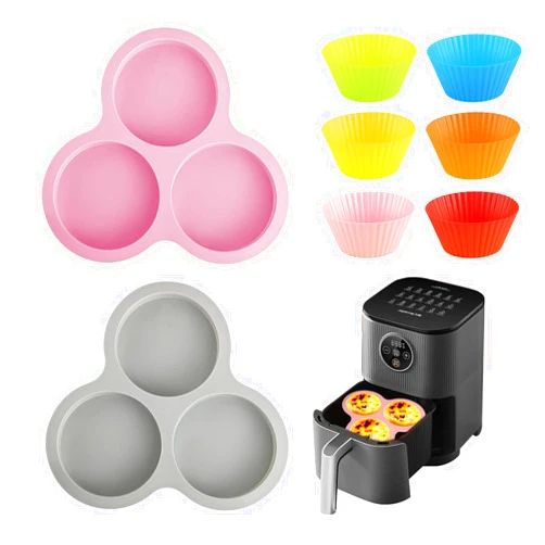 Abnaok 2PCS Silicone Air Fryer Egg Pan with 6PCS Reusable Silicone Baking Cups, Non-Stick Air Fryer Baking Pan, 3 Cavity Silicone Muffin Pans Muffin Cups for Baking