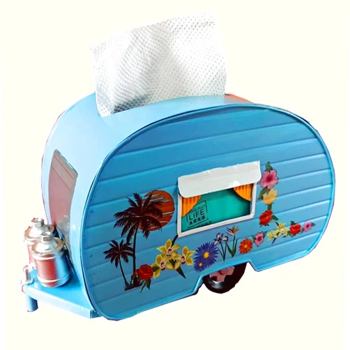 QLQCOM Tissue Box Retro RV Styling Handmade Storage Box, Blue Tissue Box Cover Square, Tissue Holders Decorative, Unique Tissue Box Cover for Home & Office(Blue)