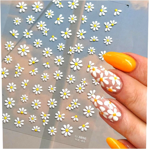 FBABFBUO Flower Nail Art Stickers Decals Cute Daisy Embossed Nail Stickers Cute White Daisy Floral Petals Design Self-Adhesive Nail Decals Jelly Nails Manicure Slider for Summer Nail Art Decorations Supplies