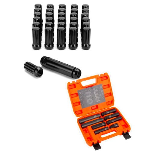 SUCOSO 9/16-18 Lug Nuts with 8PCS Lug Nut Socket Set for 1994-2011 Dodge Ram 2500 3500, 2002-2010 Ram 1500, 1988-1998 Ford F250 F350, 2004-2009 Durango, 32PCS 7 Spline Wheel Lug Nuts 9/16x18 Black