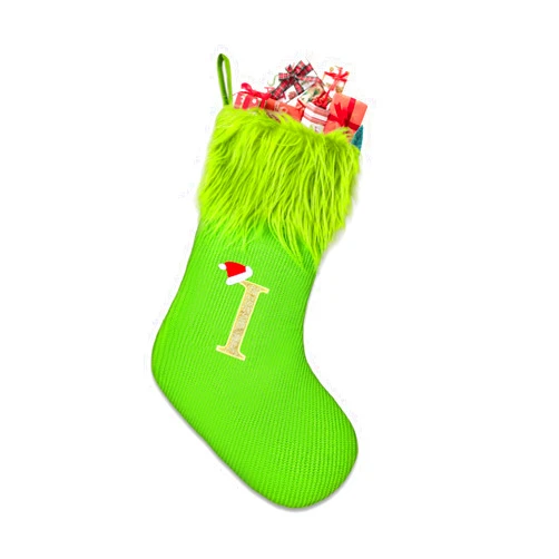 Homemari Christmas Stockings with Initials, 48cm Green Knitted Embroidered Monogram Christmas Stocking, Xmas Stocking for Kids, Holiday and Family Stocking for Fireplace Christmas Decoration I
