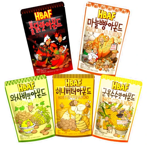 HBAF [Official Gilim HBAF] 5 Flavors Almonds Honey Butter 120g, Spicy Buldak 120g, Garlic Bread 120g, Baked Corn 120g, Wasabi 120g, Healthy Korean Almond, Nutritious Snack Gift Party 120g Pack