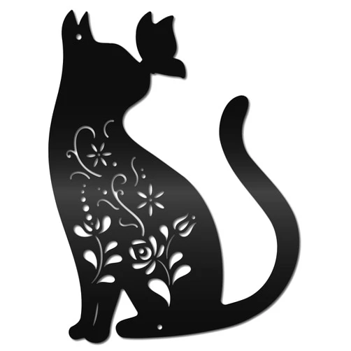 CREATCABIN Black Metal Cat Butterfly Wall Art Flower Laser Cut Hanging Ornament Wall Decoration Cat Sculpture Minimalist Gift for Cats Lover Bedroom Home Living Room Office 11.8x9.4Inch