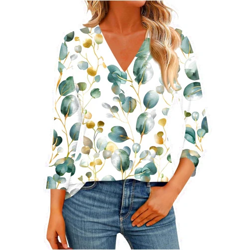 FSWGJFJJ Women's Casual 3/4 Sleeve T-Shirts V Neck Cute Tunic Tops Basic Tees Blouses Loose Fit Business Work Tee Top