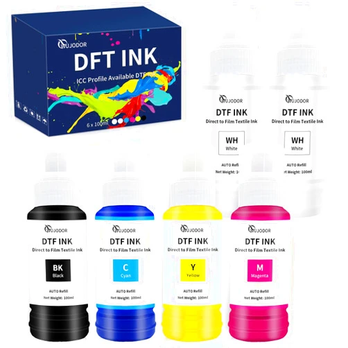 WUJODOR 600ML DTF Ink - Auto-Fill DTF Transfer Ink for DTF Film, Ink Refill for Epson ET-8550, XP15000, L1800 Printers, Heat Transfer Printing Direct to Film (100ml x 6, 2WH+1BK+1C+1M+1Y)