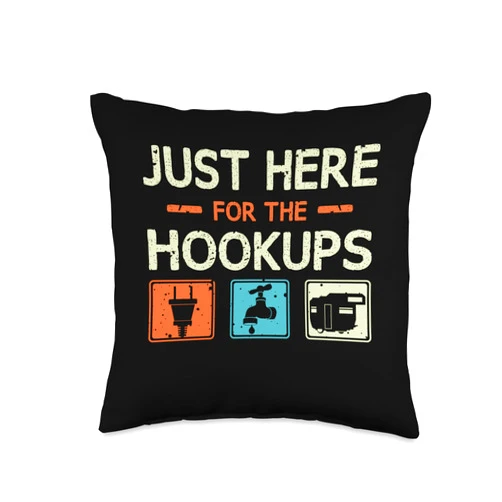 Camping RV Caravan Motorhome Trailer Apparel Just Here for The Hookups-Funny Camper Camping RV Caravan Throw Pillow, 16x16, Multicolor