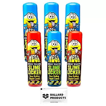 Ballard Products Toxic Waste MEGA Slime Licker Variety Pack of 6 - 2 Flavors of Sour Slime Lickers Candy - 4 Tubes of Blue Razz and 2 Tubes of Strawberry - Bundle with Ballard Products Towelette