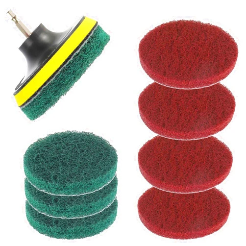 EPLZON 4 Inch Scrub Drill Brush Power Scouring Pads Household Cleaning Set for Kitchen Bathroom 4 Red Pads 4 Green Pads 1 Drill Attachment and 1 Universal Shaft