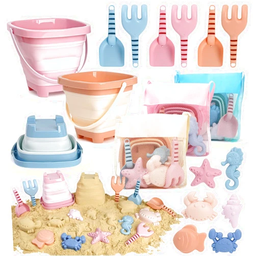 Dreamon Beach Toys Set for Kids 3-10, Collapsible Sand Buckets with Beach Molds and Mesh Bag, 3 Pack Shovels Set Sand Toys for Beach, Sandbox Travel Toys for Toddlers Kids