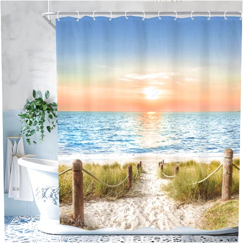 Imirell Beach Ocean Shower Curtain 60Wx72H Inches Sunrise Sunset View Scene Hawaii Seashore Summer Coastal Seaside Seascape Plant Women Men Fabric Waterproof Polyester with 12 Pack Hooks Plastic