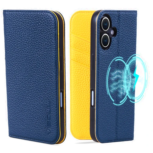VISOUL Case for iPhone 16 Wallet Case with Card Holders, Pebbled Real Leather Wallet Phone Case with Kickstand Shockproof Flip Folio Case Compatible with iPhone 16 (6.1 inch)-Blue+Yellow