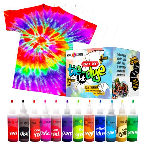 KOOL KRAFTS Tie Dye Kit, All-Inclusive with 12 Vibrant Colors, + 4 White T-Shirts - Perfect for Kids & Adults - Fun Tie Dye Party Supplies, Tie Dye Kits for Children Age 8-12, Tie Dye Kit.