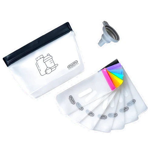 MUMI Single Dose Kit - 7pc (2.36” x 6.14”) Single Dose Reusable Powder Supplement Packets - 8” x 5” Powder Travel Containers Zip Up Bags