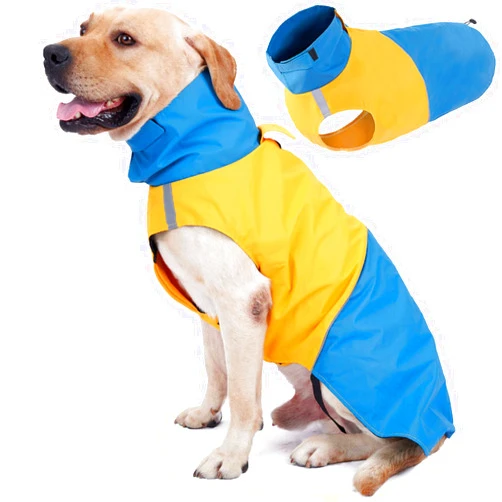 ROZKITCH Dog Jacket Waterproof Dog Raincoat with Harness Opening & Reflective Strip for Small Medium Large Dog, Windproof Adjustable Rainwear with Hook&Loop Closure, Pet Vest Blue-Yellow XS