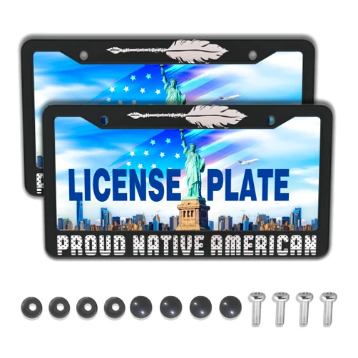 Mostuwo License Plate Frames Black and White License Plate Holder Proud Native American Universal Aluminum Car Accessory 2 Pack with Screw Covers Set