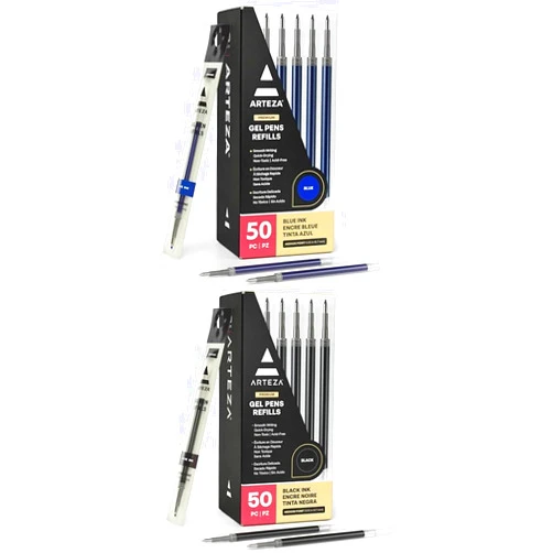 Arteza Gel Pen Refills, Pack of 50 Blue Roller Ball Gel Ink Pen Refills and Gel Pen Refills Pack of 50 Black Roller Ball Gel Ink Pen Refills