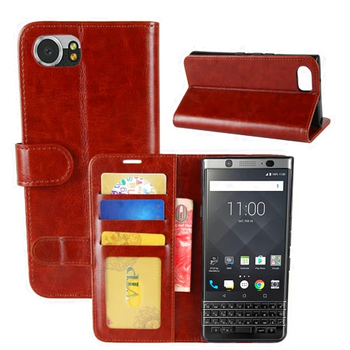 HualuBro BlackBerry Keyone Case, HualuBro Premium PU Leather Handmade Wallet Folio Flip Phone Protective Case Stand Cover with ID Credit Card Slots Holder and Magnetic Closure for BlackBerry Keyone - Brown
