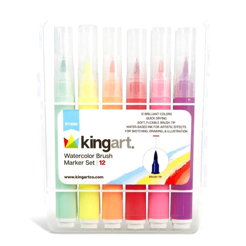 KINGART 405-12 Brush Tip Watercolor Illustration Markers With Case, 12 Colors, Wide Barrel for Easy Hold, Water-based Non-Toxic Ink, Soft Flexible Tip for Graphic, Sketch, Comic Art, Manga & Lettering