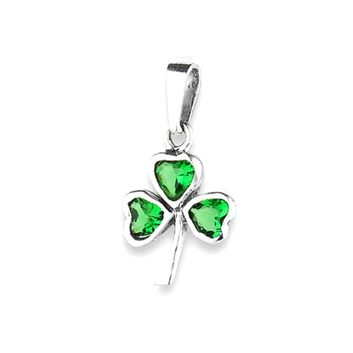 Sac Silver Clover Shamrock Pendant Simulated Emerald .925 Sterling Silver Good Luck Charm