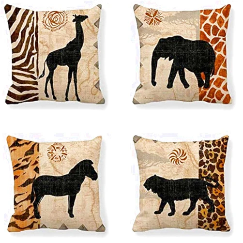 VENUSL Venus*L Set of 4,African Animals,Giraffe,Elephant,Horse,Leopard with Zebra Pattern & Leopard Pattern Decorative Throw Pillow Covers,One-Side Printed,Cotton Linen,18x18 Inch(45x45cm)