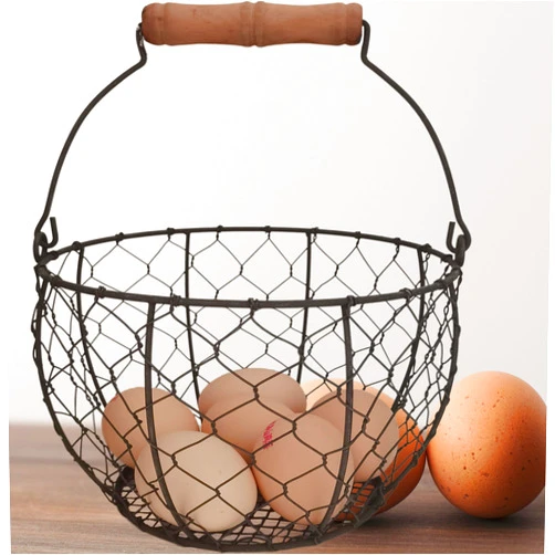 TAIANLE.Farmhouse Wire Egg Basket for Gathering Fresh Eggs with Handle,Round Metal Egg Collecting Basket for Fresh Chicken Egg Basket Vintage Style, Countertop Egg Storage Basket Holder Fruit Bin