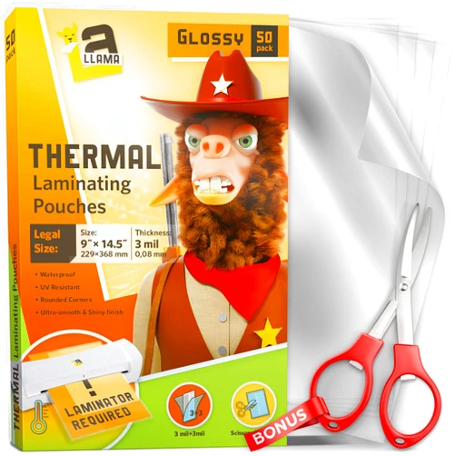 LA LLAMA Thermal Laminating Pouches 9” x 14.5”, 3 Mil Thick, 50 Pack, Suited for Legal Size Laminating Sheets 8.5 x 14
