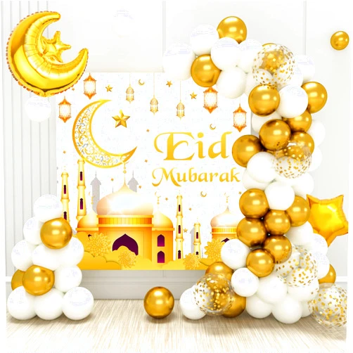 DataMoon Eid Mubarak Decorations - 70PCS White Gold Ramadan Confetti Balloons with Mubarak Moon Star Foil Balloon, Backdrop for Eid Party Supplies, Eid Decorative Banner for Eid al-Fitr and al-Adha Decor