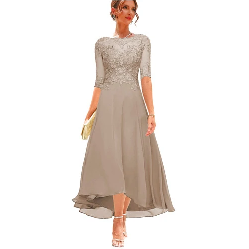 Zoghoo Women's Tea Length Mother of The Bride Dresses for Wedding Formal Dress with Sleeves High Low Evening Party Gowns