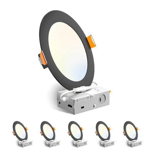 Amico 6 Pack 6 Inch 5CCT Ultra-Thin LED Recessed Ceiling Light with Junction Box, 2700K/3000K/3500K/4000K/5000K Selectable, 12W Eqv 110W, Dimmable Canless Downlight, 1050LM High Brightness,Black
