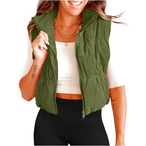 Tankaneo Womens Cropped Puffer Vest Corduroy Lightweight Sleeveless Padded Coat Zip Up Warm Outerwear