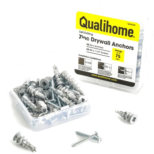 Qualihome Zinc Self Drilling Drywall Anchor Hollow Wall Anchor Kit With Screws - Metal Self Drilling Drywall Anchors With Wide Screw Fins - #8 Zinc Drywall Anchors Heavy Duty (25 Pack)