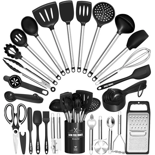 Umite Chef Kitchen Utensils Set-Umite Chef 34 Pcs Silicone Cooking Utensils Set for Nonstick Cookware-Silicone Spatulas Set, Stainless Steel Handle-Black Kitchen Gadgets Tools, Pots and Pans Accessories