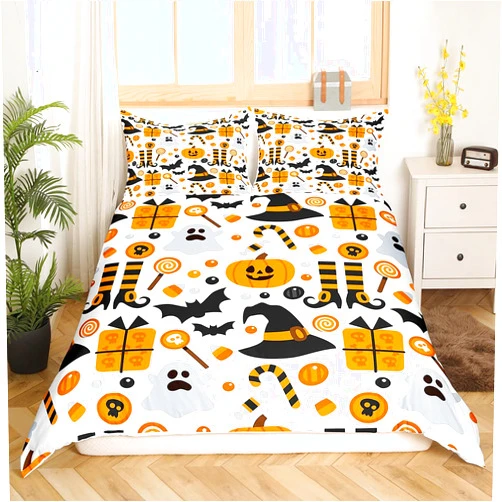 Feelyou Happy Halloween Bedding Set Cartoon Broom Pumpkin Duvet Cover for Kids Boys Girls Cute Hat Bat Decor Comforter Cover White Black Orange Bedspread Cover Bedroom Collection 3Pcs Full Size