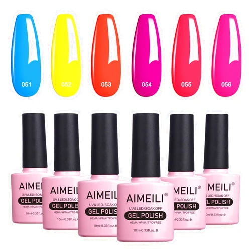 AIMEILI Hot Pink Neon Gel Nail Polish Soak Off Summer Yellow Gel Nail Lacquer, Neon Pink Neon Orange Blue Purple Nail Polish Color Gel Set Of 6pcs X 10ml - Kit Set 11