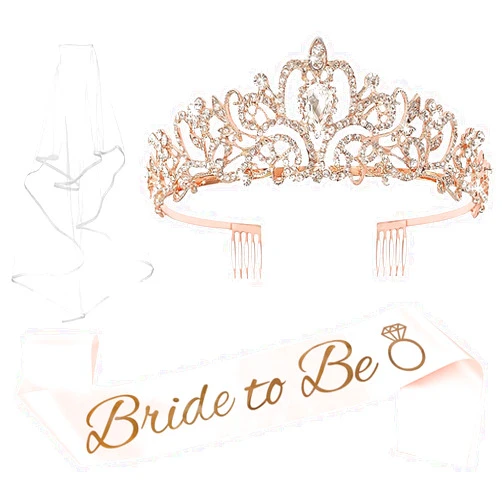 JETKONG 3 Pcs Bachelorette Party Decorations Bridal Shower Crown, Bride to Be Sash&Veil for Women Bachelorette Party Gifts, Bachelorette Party Supplies, Gifts, Favors (Rose Gold)