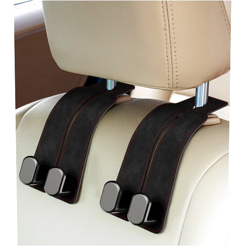 AMINOR 2 Pack Car Seats Hooks for Headrest, 2-in-1 Premium Leather Car Headrest Hanger with Metal Hooks, Car Seat Back Storage Hooks for Purses, Handbags, Phone (Black)