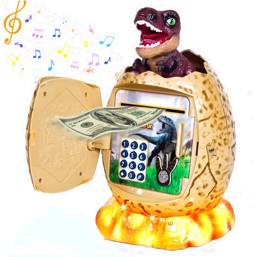 Conulog Dinosaur Piggy Bank for Kids Children Electronic ATM Saving Real Money Coin Bank Fingerprint Unlocking,Night Ligh,Music and Password Toy Lager Piggy Banks 3-12 Age Gift for Boy Girl-Brown