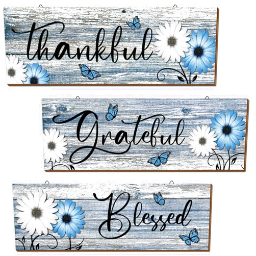 Geetery 3 Pcs Thankful Grateful Blessed Wooden Signs Rustic Daisy Wood Wall Decor Inspirational Wall Art Signs Rustic Wooden Hanging Decorations for Bedroom Kitchen Living Room Bathroom Home (Blue)